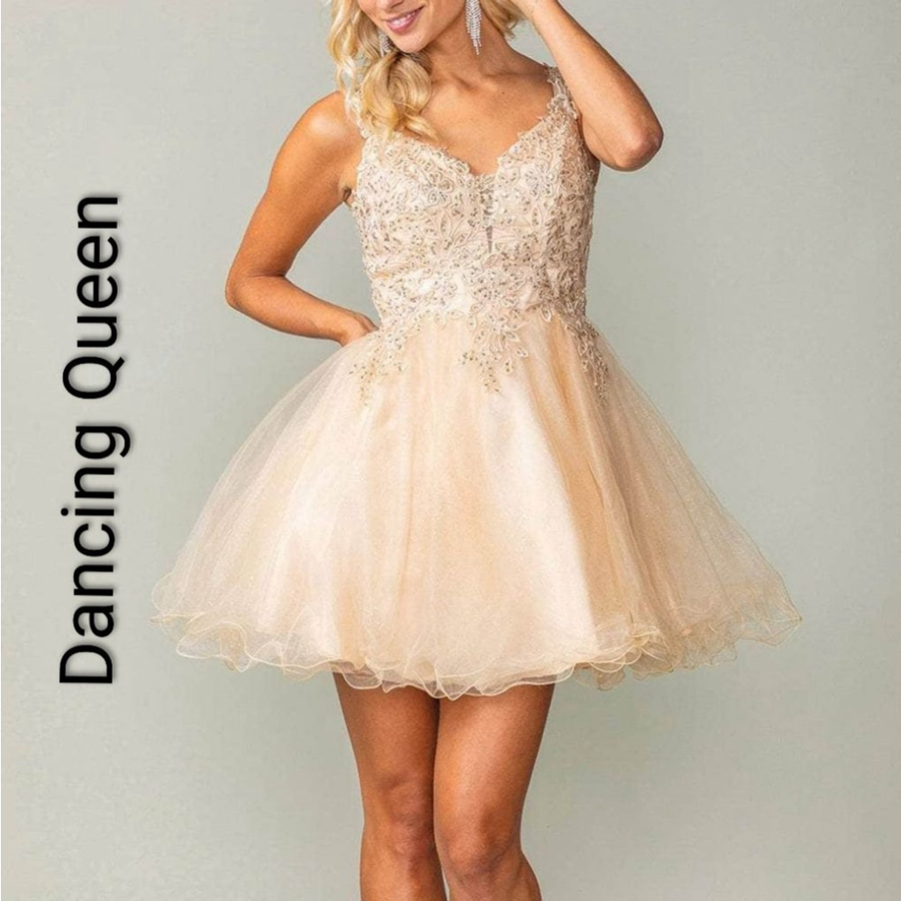 Womens Dancing Queen Mini Dress S Beige Embellished Tulle forest fairy fairycore